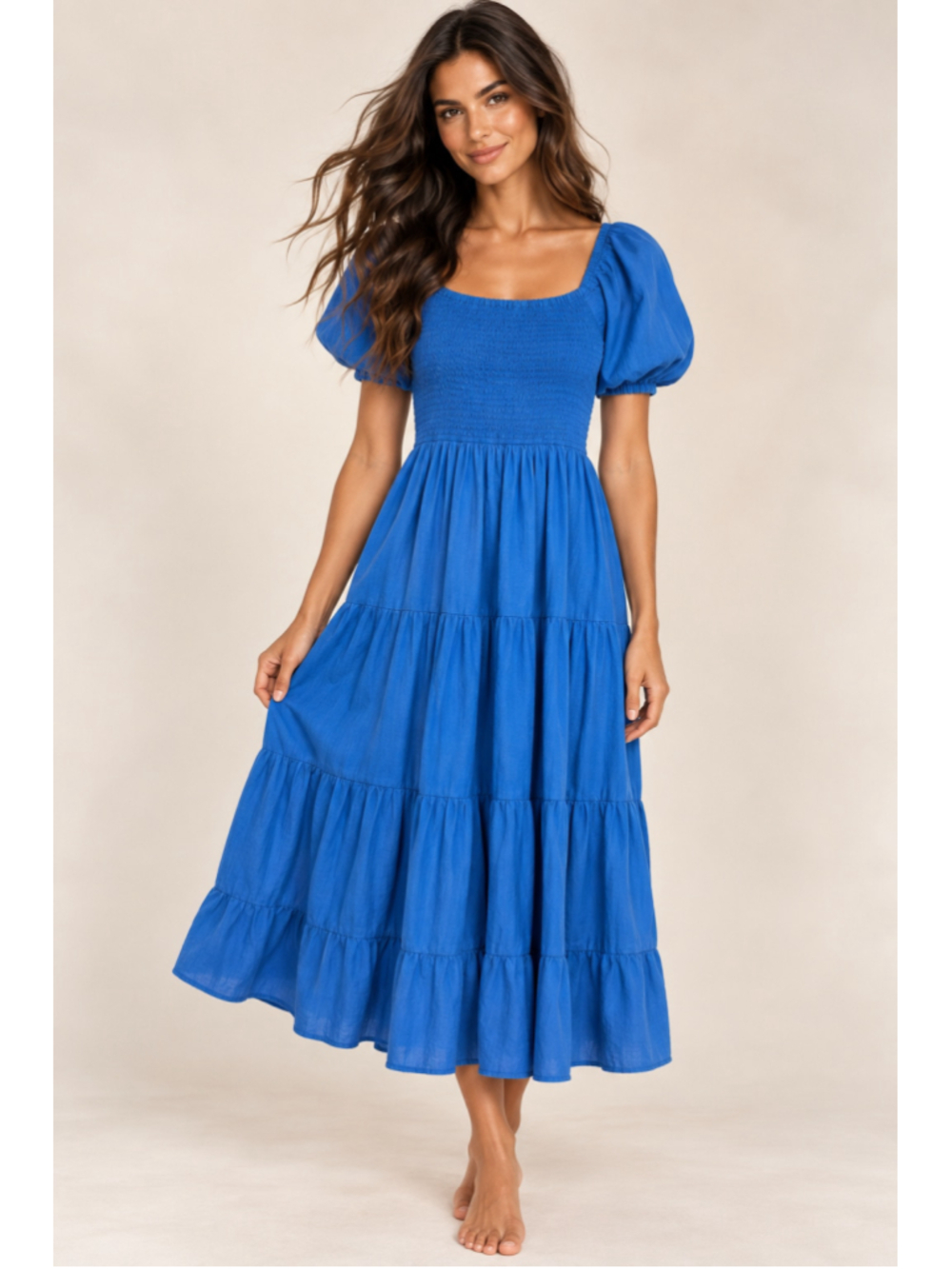 Kings Road Smocked Square Neck Midi Dress 100% Cotton Cottagecore Boho Milkmaid